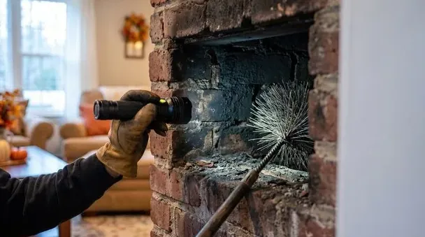 Technician inspecting a brick firebox with a flashlight