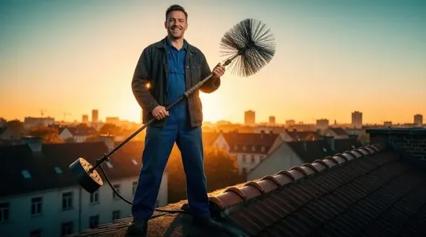 Chimney mason on a rooftop at sunset
