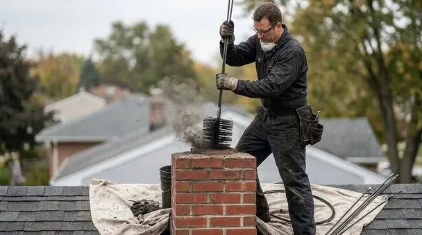 Chimney sweep cleaning a chimney from a Toluca Lake roof