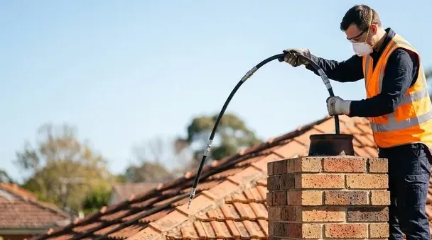 Technician installing a new flue in a chimney from a Burbank roof