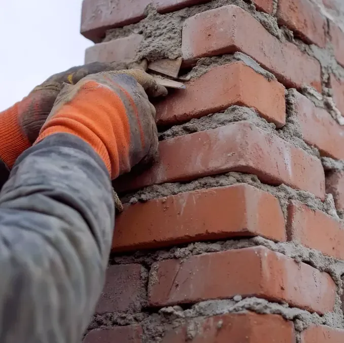Mortar packed into a brick chimney during rebuild